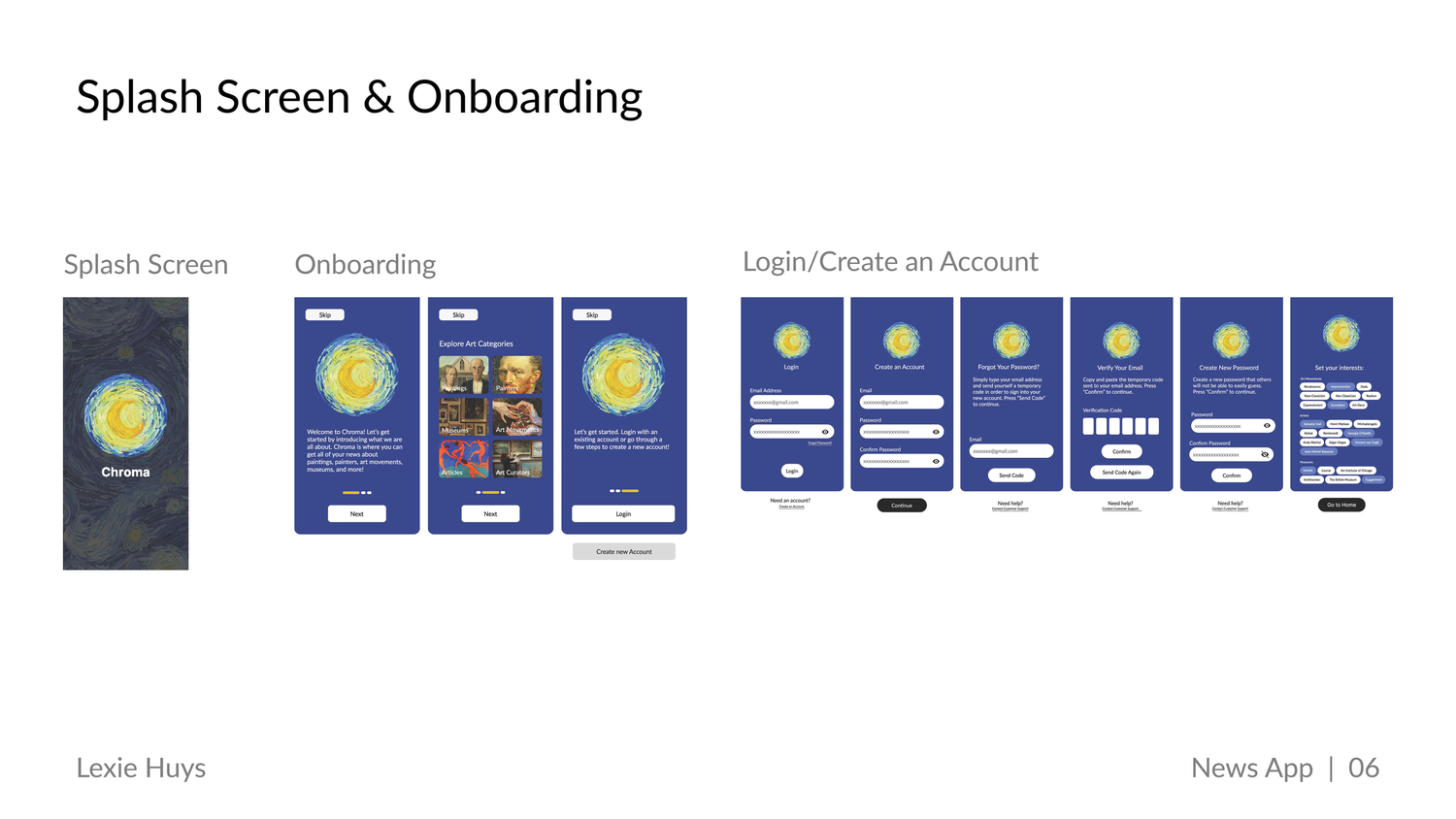 Wireframe design showcasing splash screen, onboarding flow, and login/account creation screens for a news mobile app.