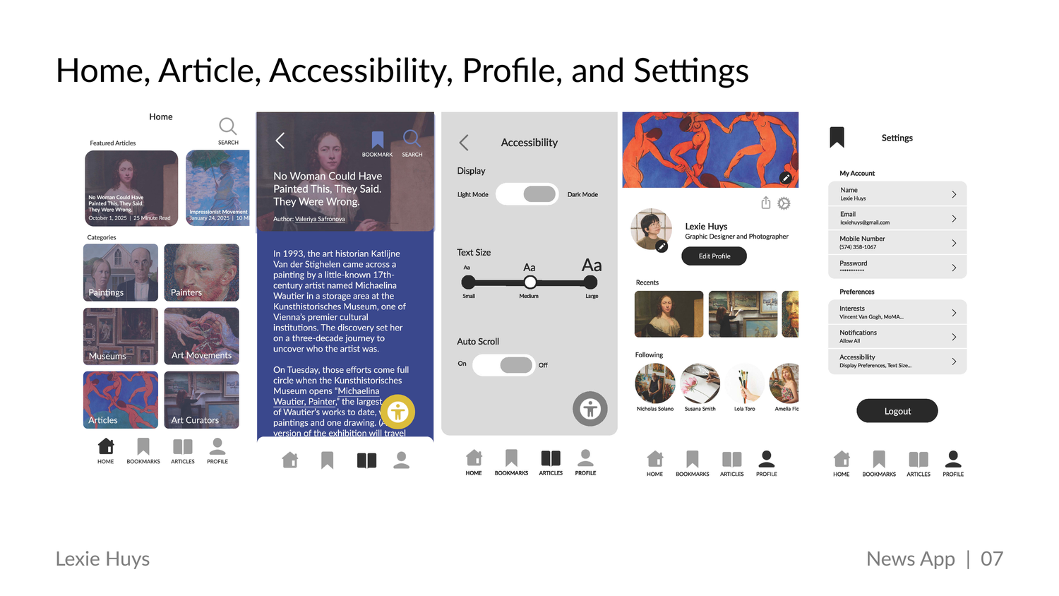 News app UI design showcasing home, article, accessibility, profile, and settings screens in wireframe layout.