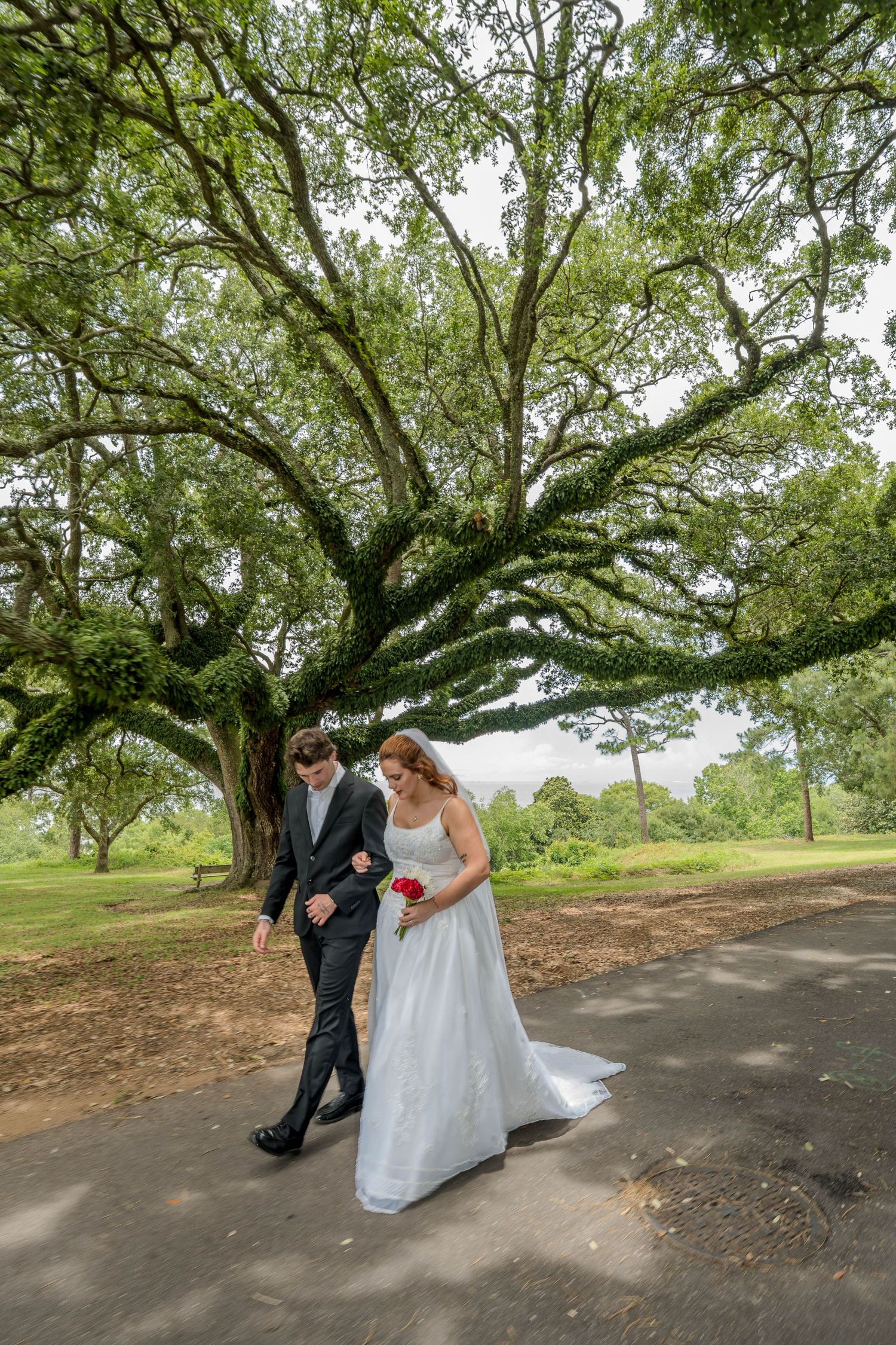 Bride and groom walking hand in hand under a large oak tree in a lush green park on their wedding day.