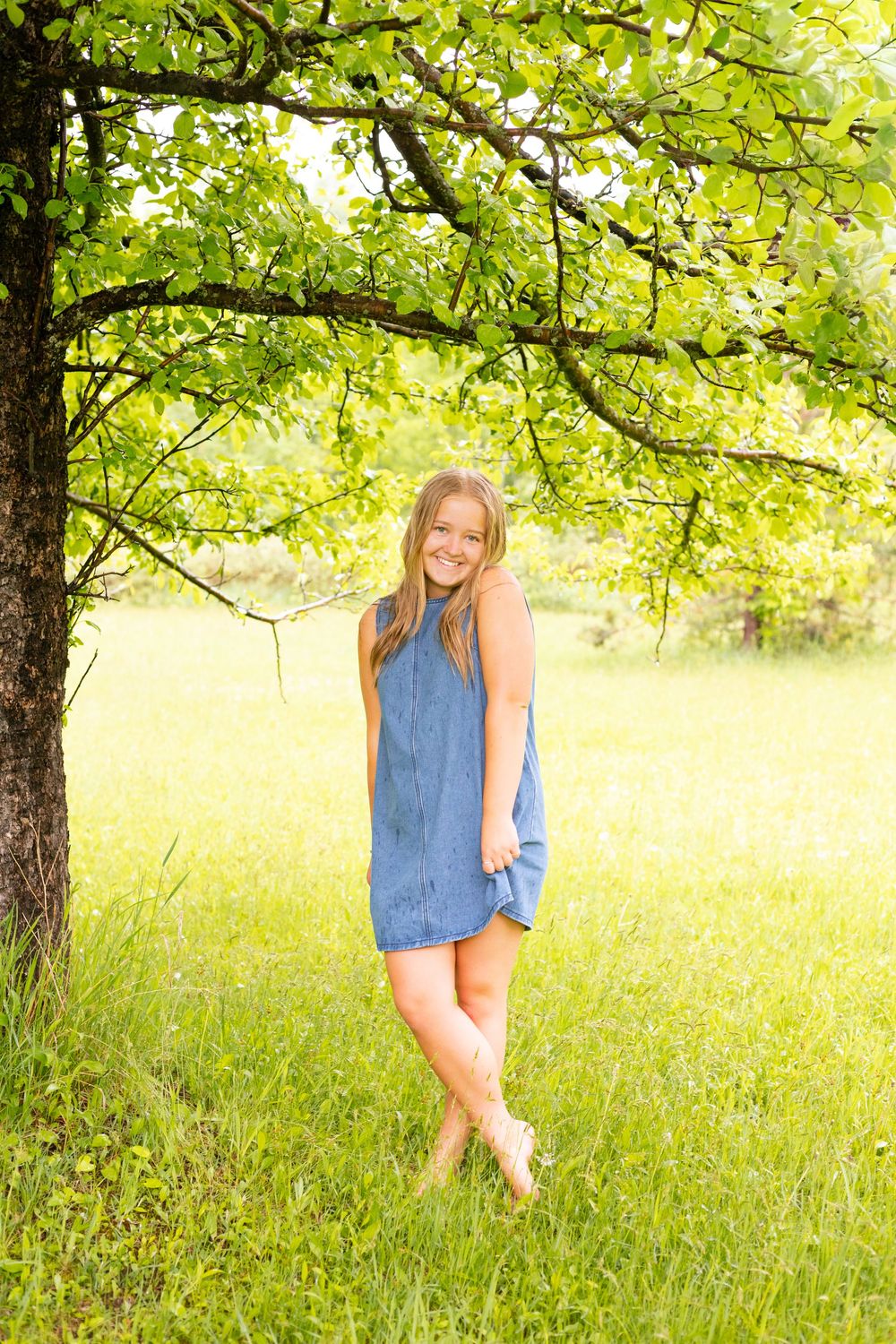 Young blonde girl in blue denim dress smiling under green tree in sunny meadow.