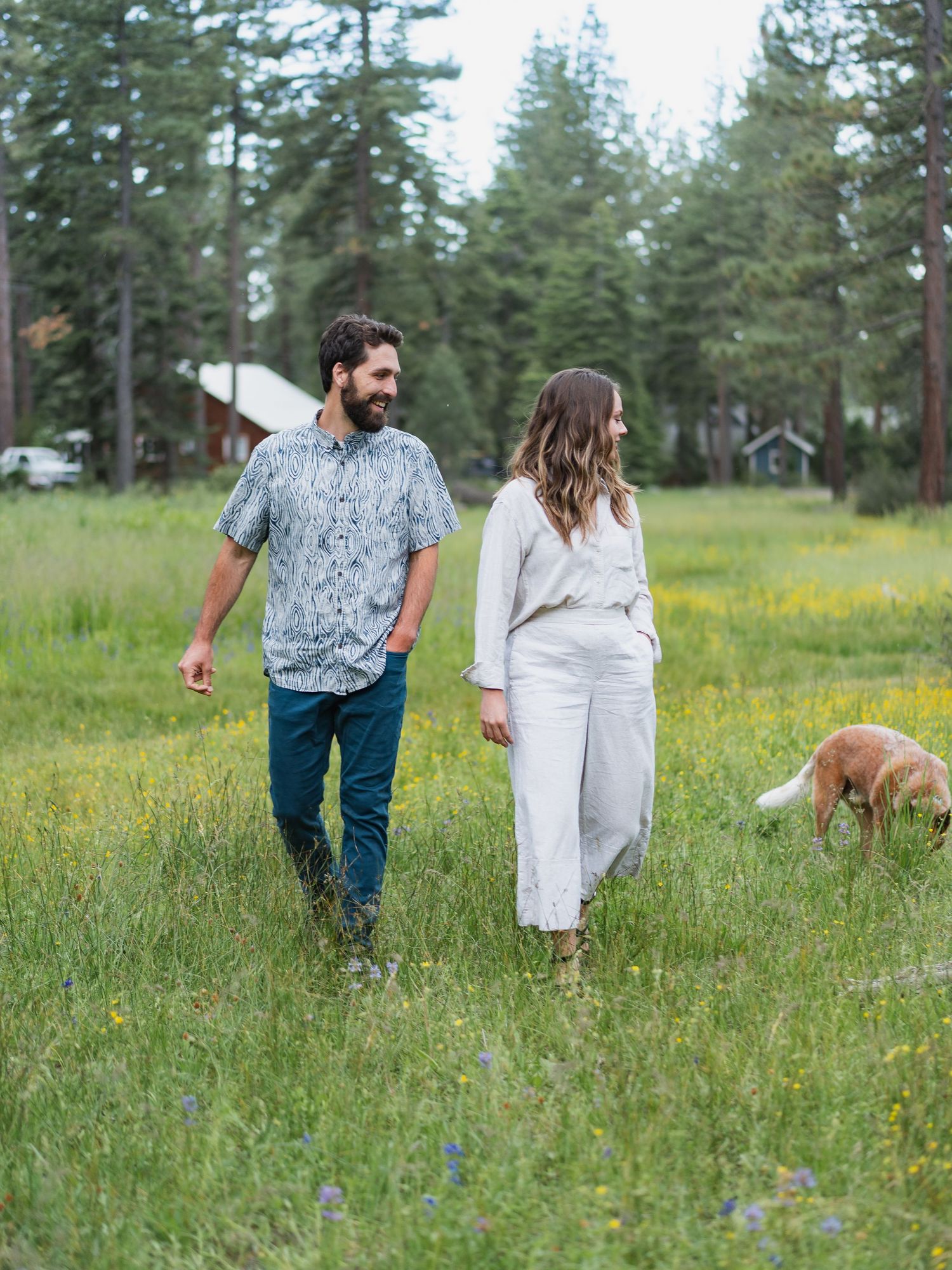 Couple walking with golden dog in wildflower meadow surrounded by pine trees.