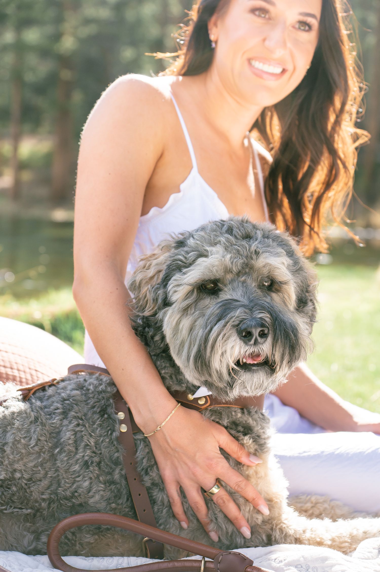 Cute dog and bride together at Officer's Gulch for a spring Colorado elopement.