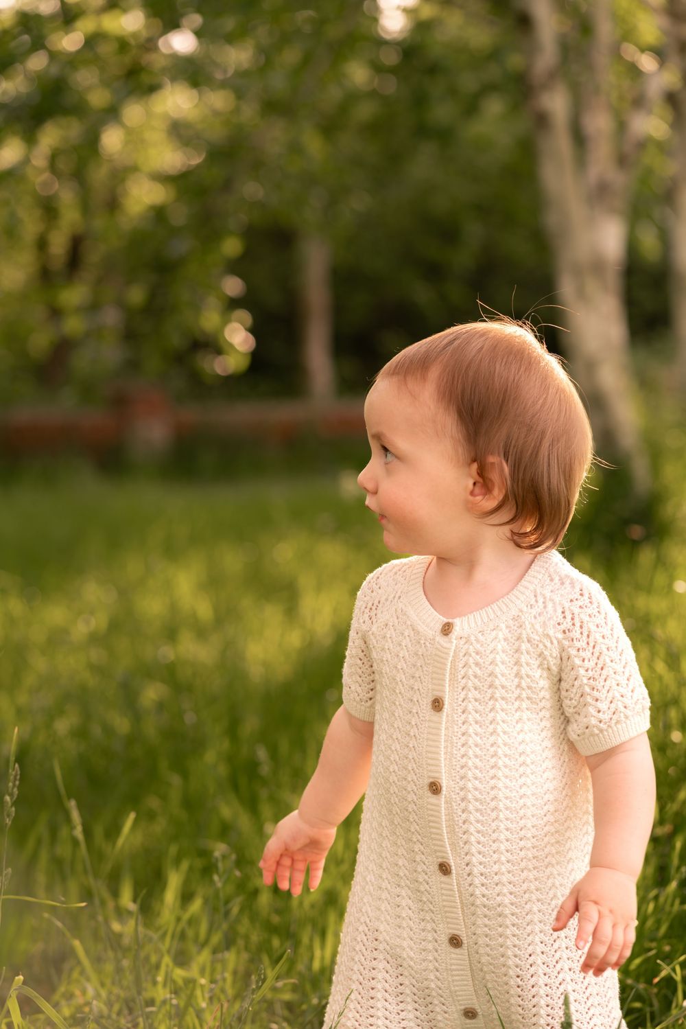 Toddler in white knit romper standing in green grass field during golden hour sunset light during childhood photoshoot in Lincolnshire.