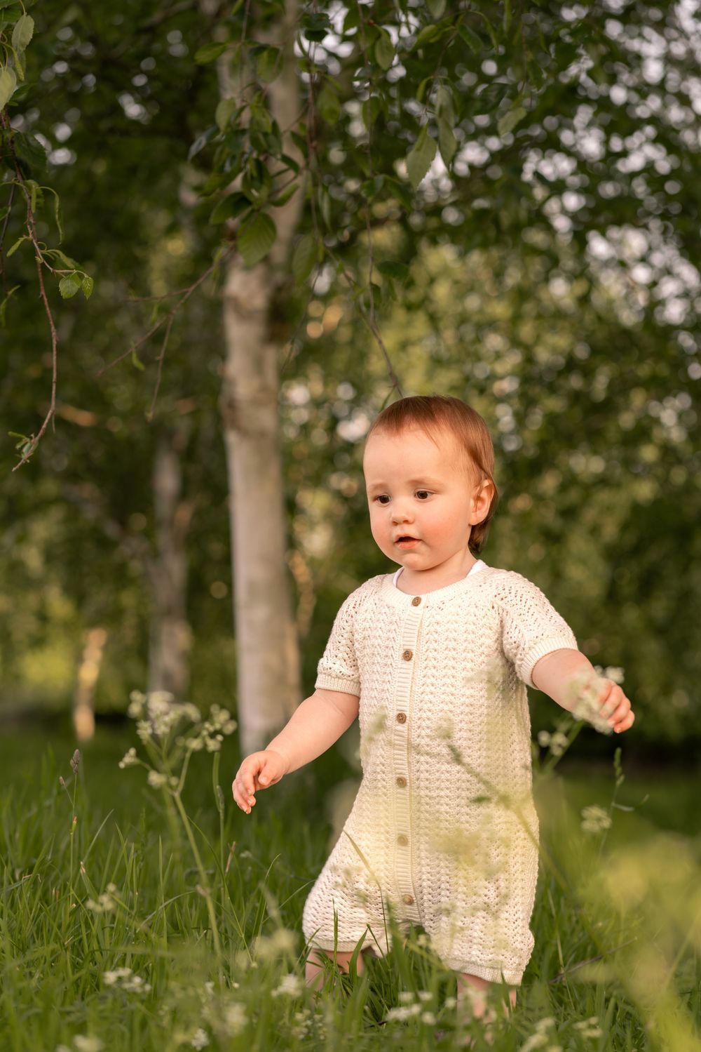 A baby stands in lush green grass among wildflowers near birch trees outdoors during childhood photoshoot in Lincolnshire.