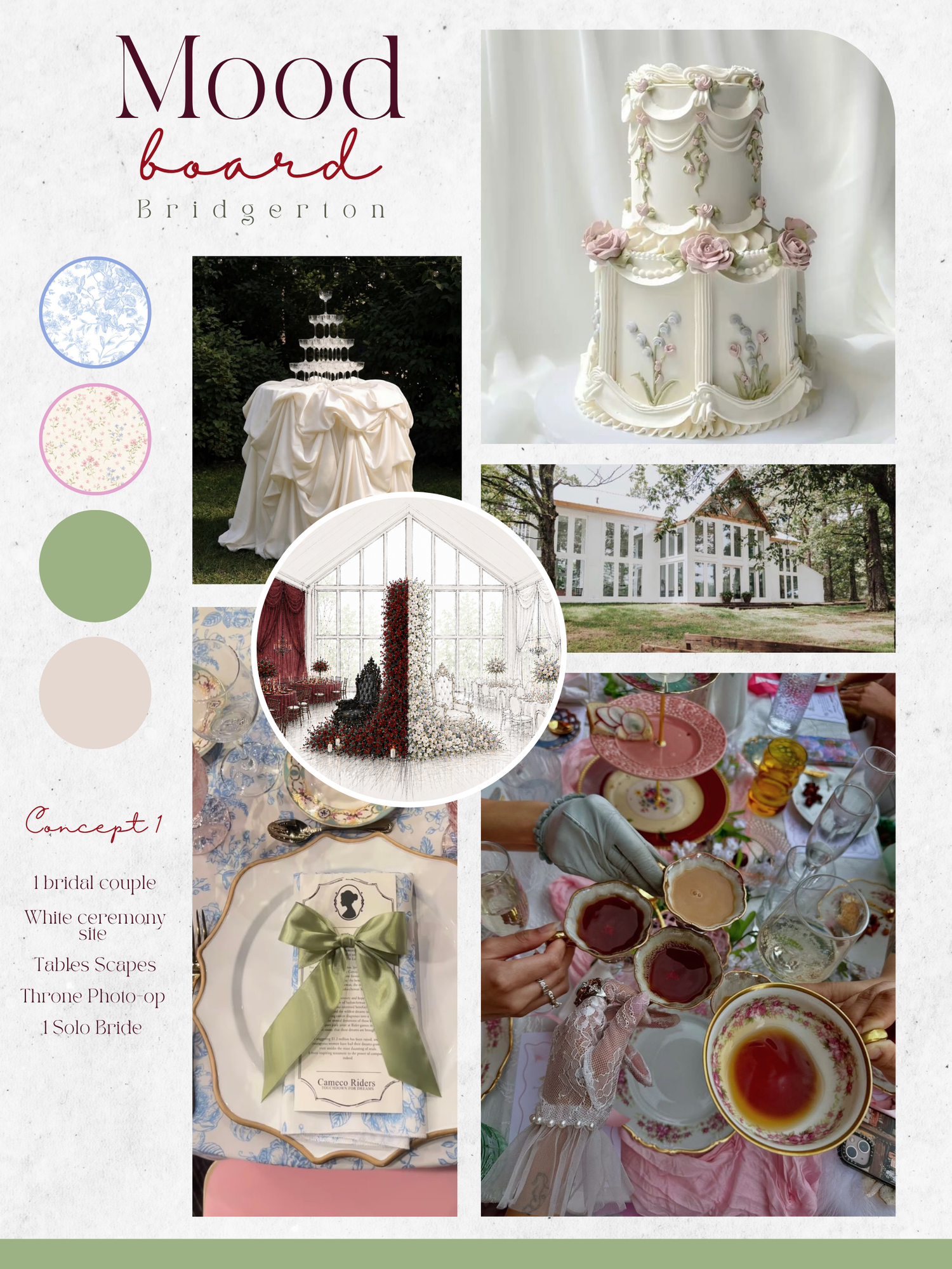 Bridgerton-inspired wedding mood board featuring floral cake, manor house, tea party, and sage green color palette.
