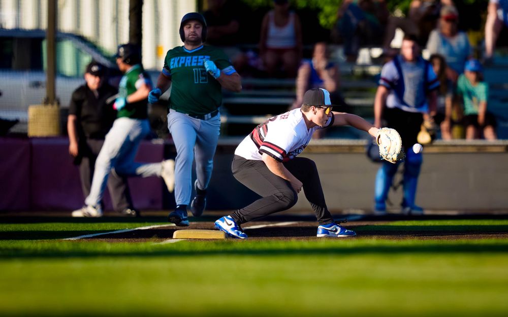 Central Penn Batmen first basemen vs Electric City Express baseball at In The Net by Deanna Fox, SportsFox Photography based in Hershey PA