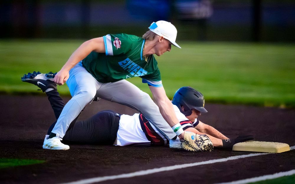 Central Penn Batmen runner tagged out vs Electric City Express at In The Net by Deanna Fox, SportsFox Photography based in Hershey PA