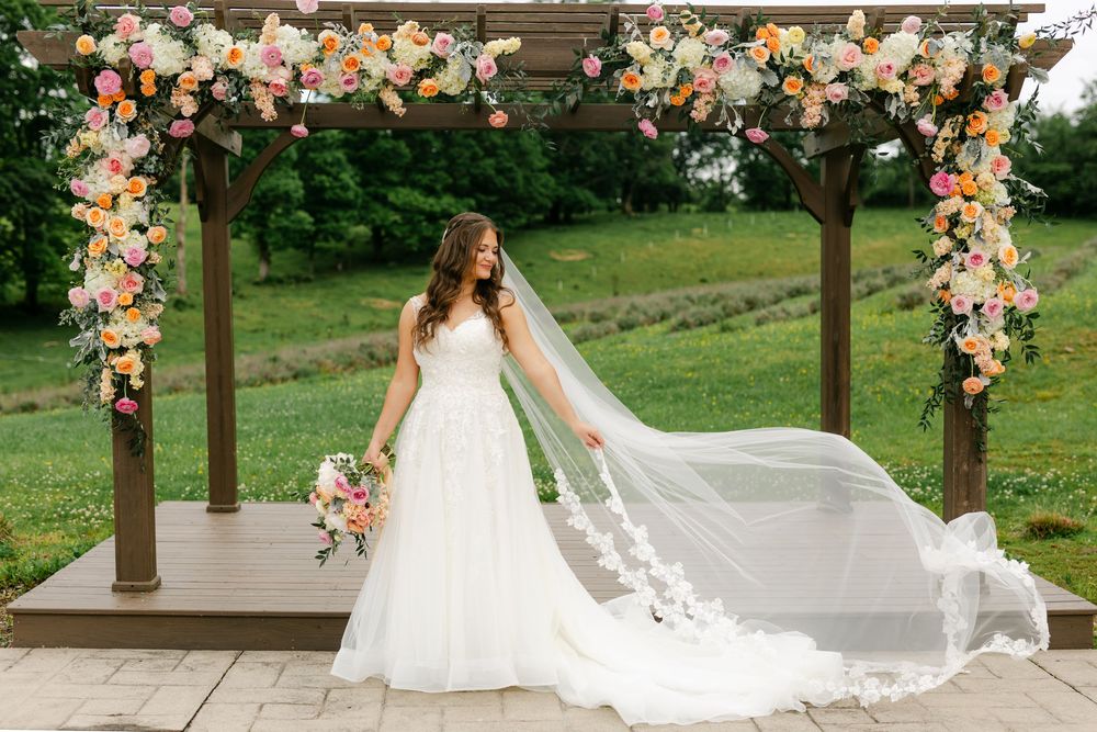 Bride in lace gown with flowing veil posing under colorful floral pergola on stone patio.