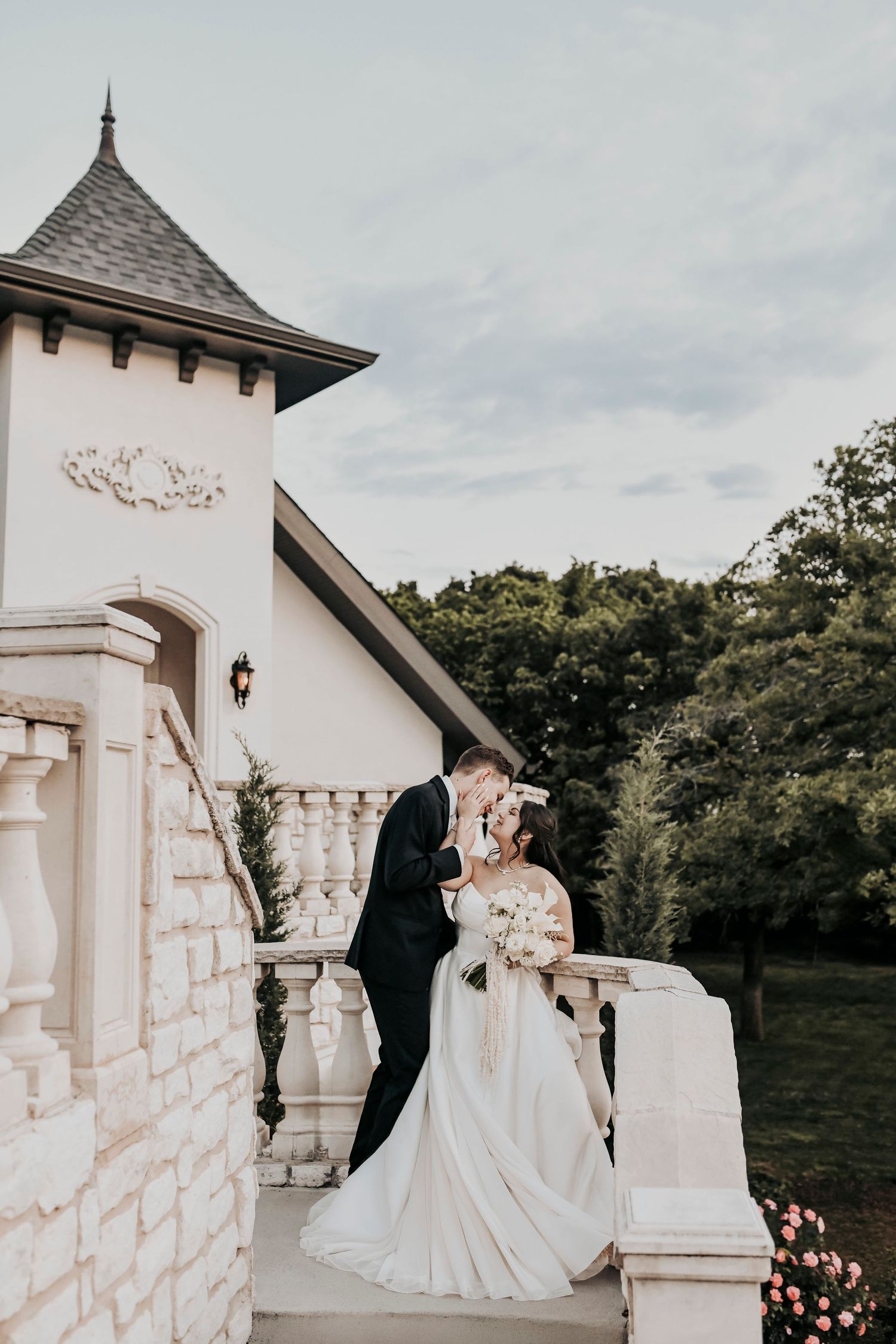 Elegant sunset portrait of a black tie wedding couple in Texas