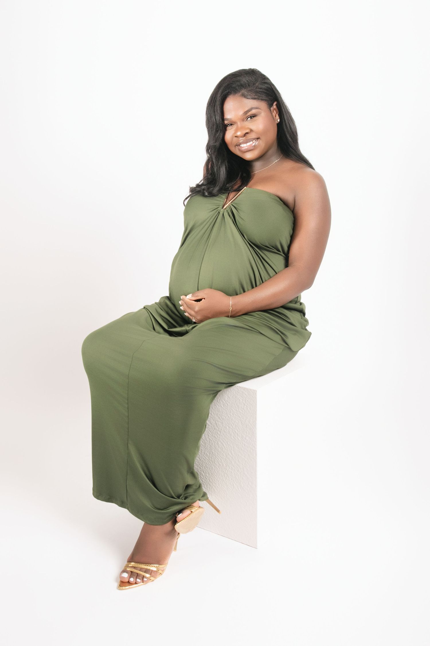Fashion poses in olive green dress against white background showing different angles.