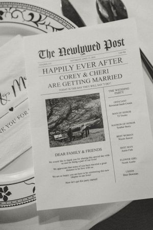 Black and white newspaper-style wedding announcement titled 'The Newlywed Post' with 'Happily Ever After' headline.