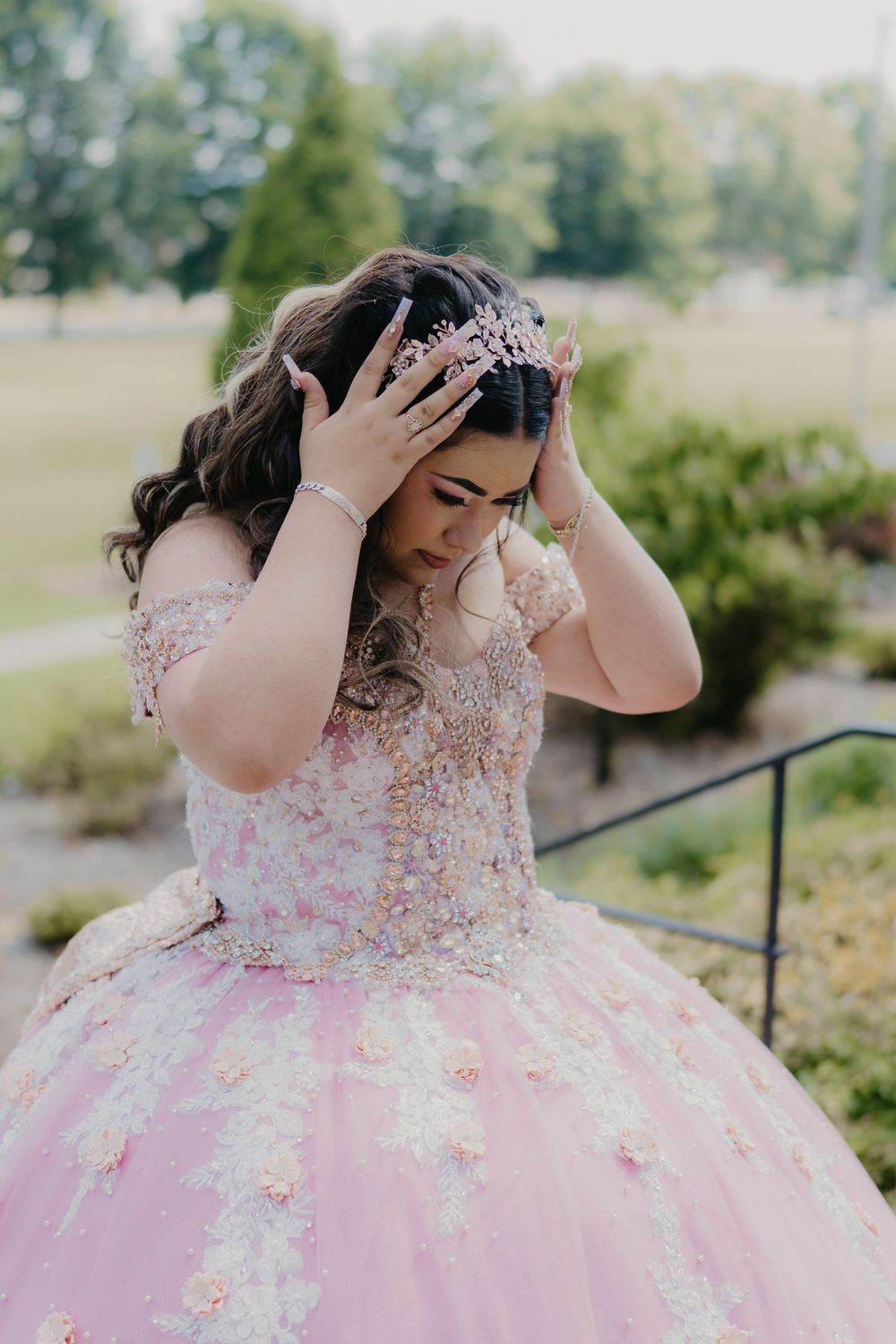 Quinceañera arriving at church putting on tiara, East Tennessee celebration