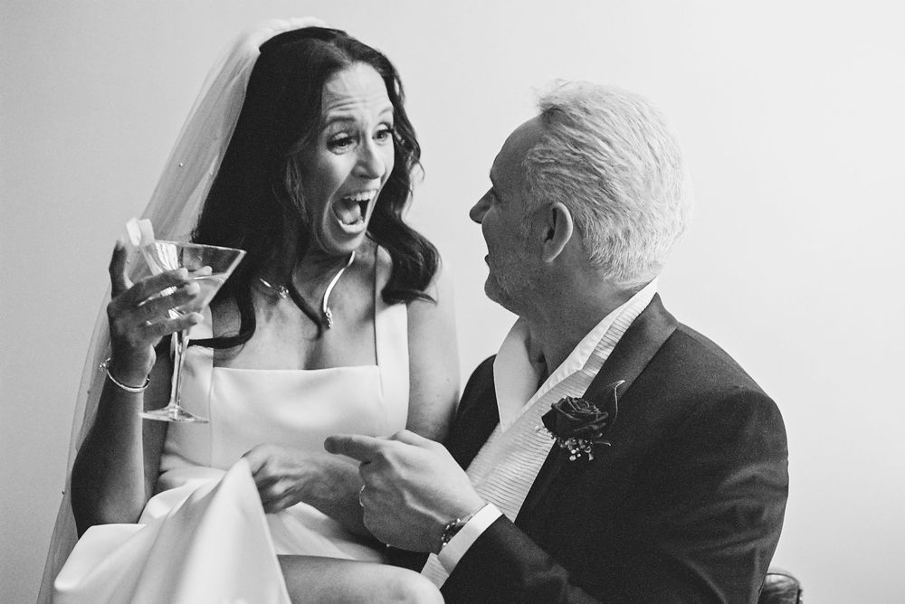 A candid progression of joyful wedding moments showing an emotional exchange between a bride and older family member.