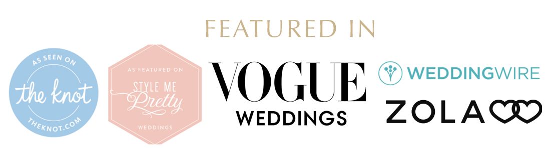 A wedding industry accolades banner featuring recognized logos from Vogue, WeddingWire and Zola in soft pastel colors.