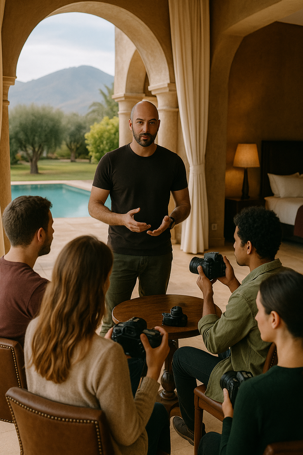 Photography workshop in luxurious villa with students learning under arched doorway.