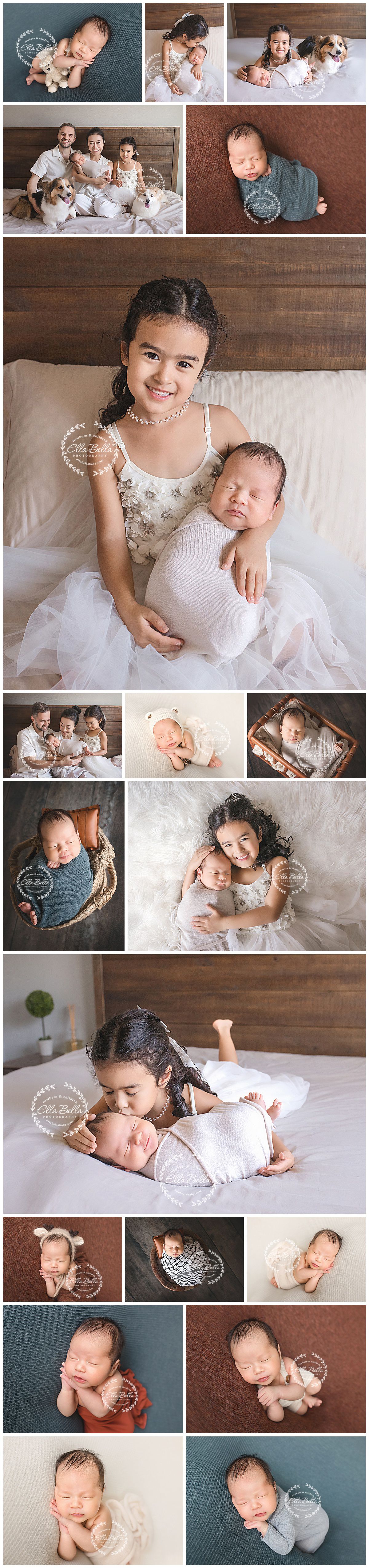 Professional family photography collage featuring lifestyle newborn portraits with soft lighting and white bedding.