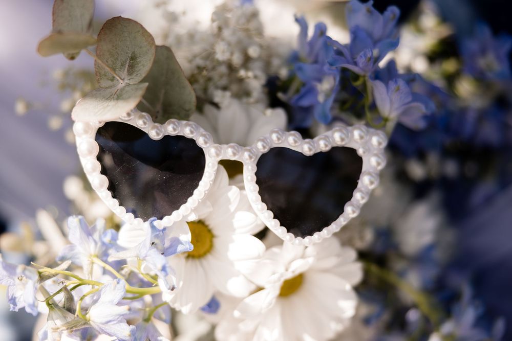 Delicate white cherry blossoms frame a soft blue sky background with petals and branches in full spring bloom.