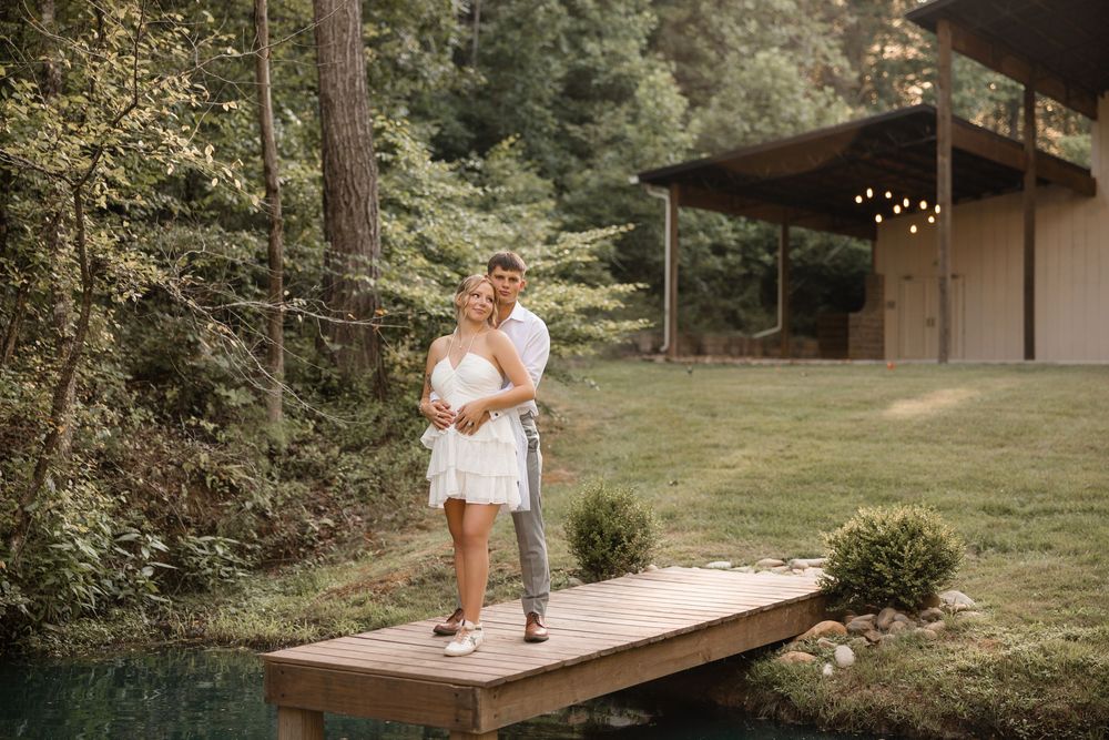 A collection of outdoor wedding moments with natural greenery and rustic decor at a woodland venue.