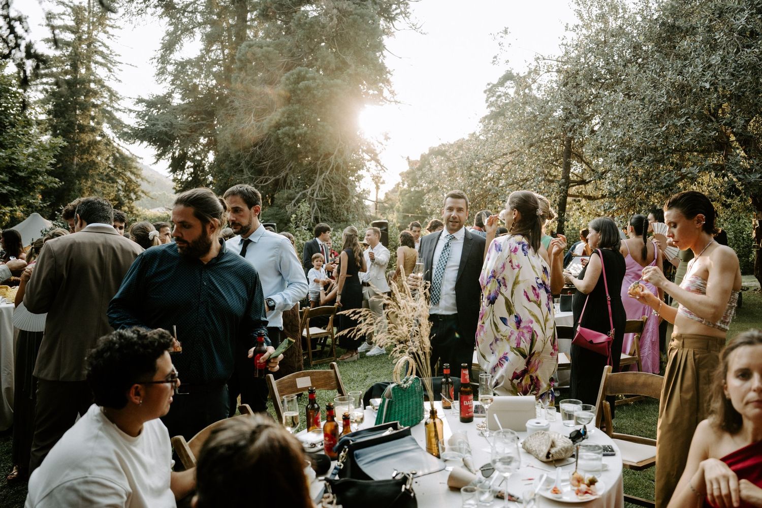 Wedding guests enjoy outdoor reception dinner under trees at sunset.