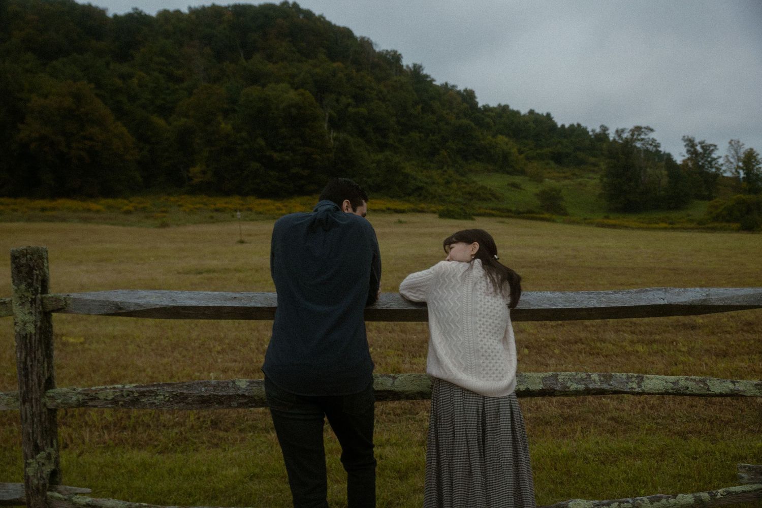 Two figures stand at a wooden fence overlooking a misty rural landscape on an overcast day.