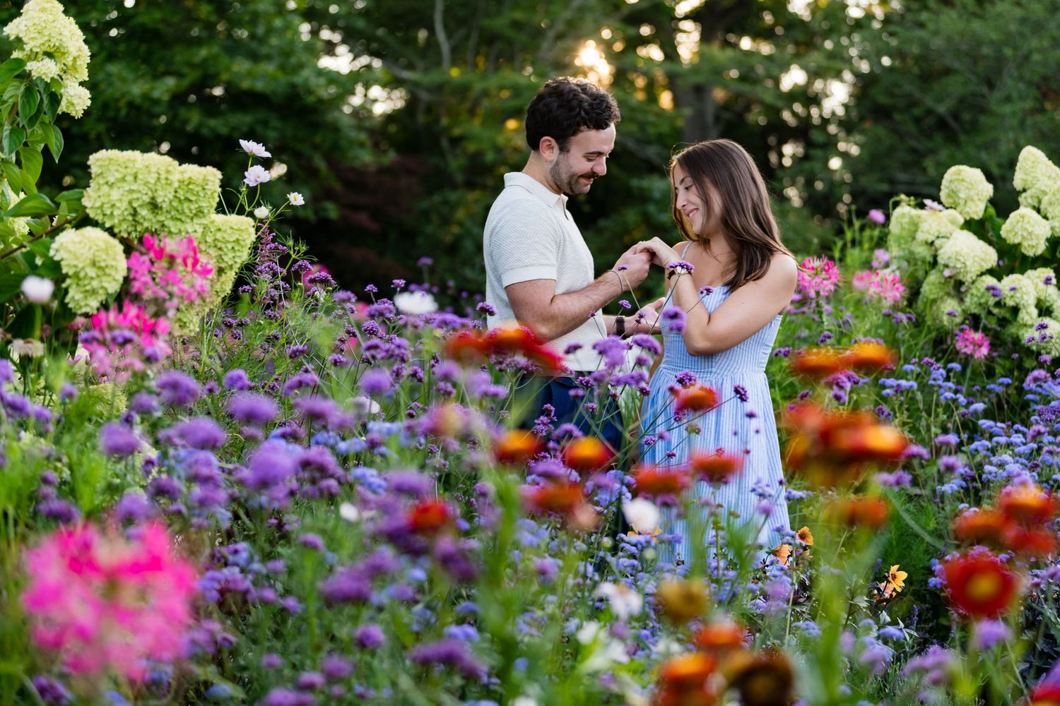 Rhode Island engagement photography in flower garden setting.