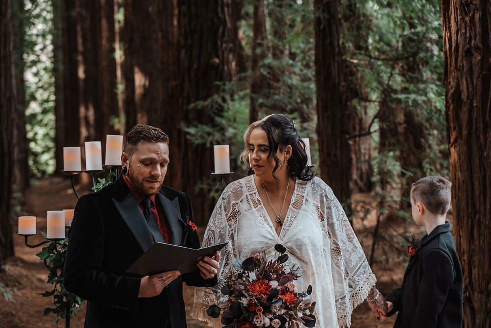 An intimate wedding ceremony takes place in a majestic redwood forest with hanging lanterns and rustic decor.