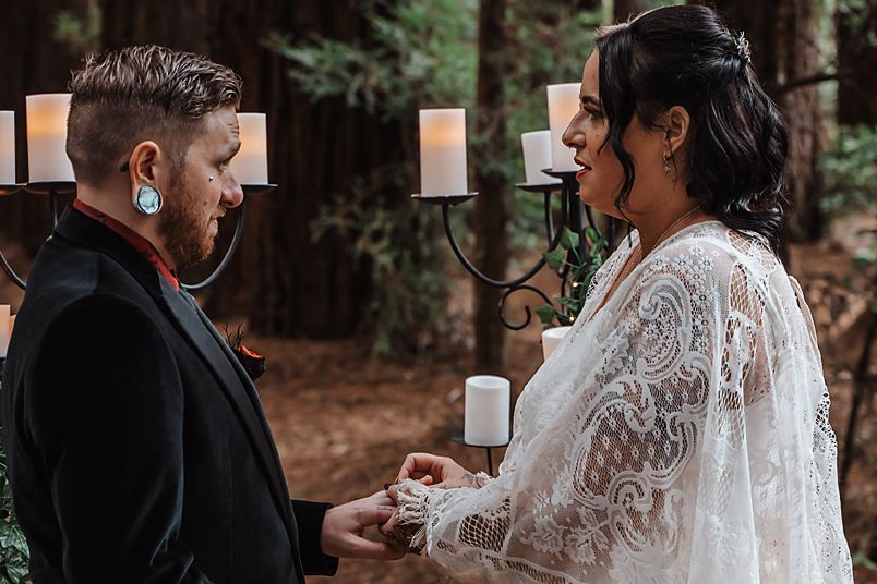 A rustic wilderness wedding ceremony in a Pacific Northwest forest with couples exchanging vows among tall evergreen trees.