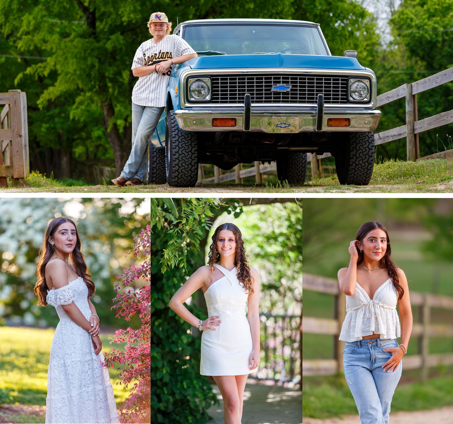 Portrait photography collage featuring vintage blue truck and outdoor fashion shots.