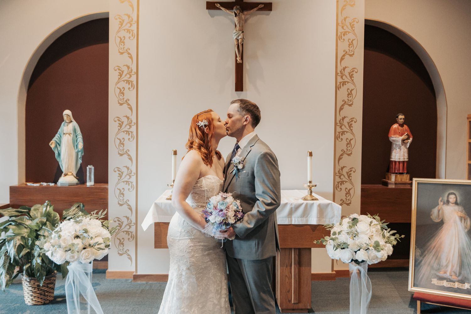 Wedding ceremony photos in church with elegant floral arrangements and religious decor.