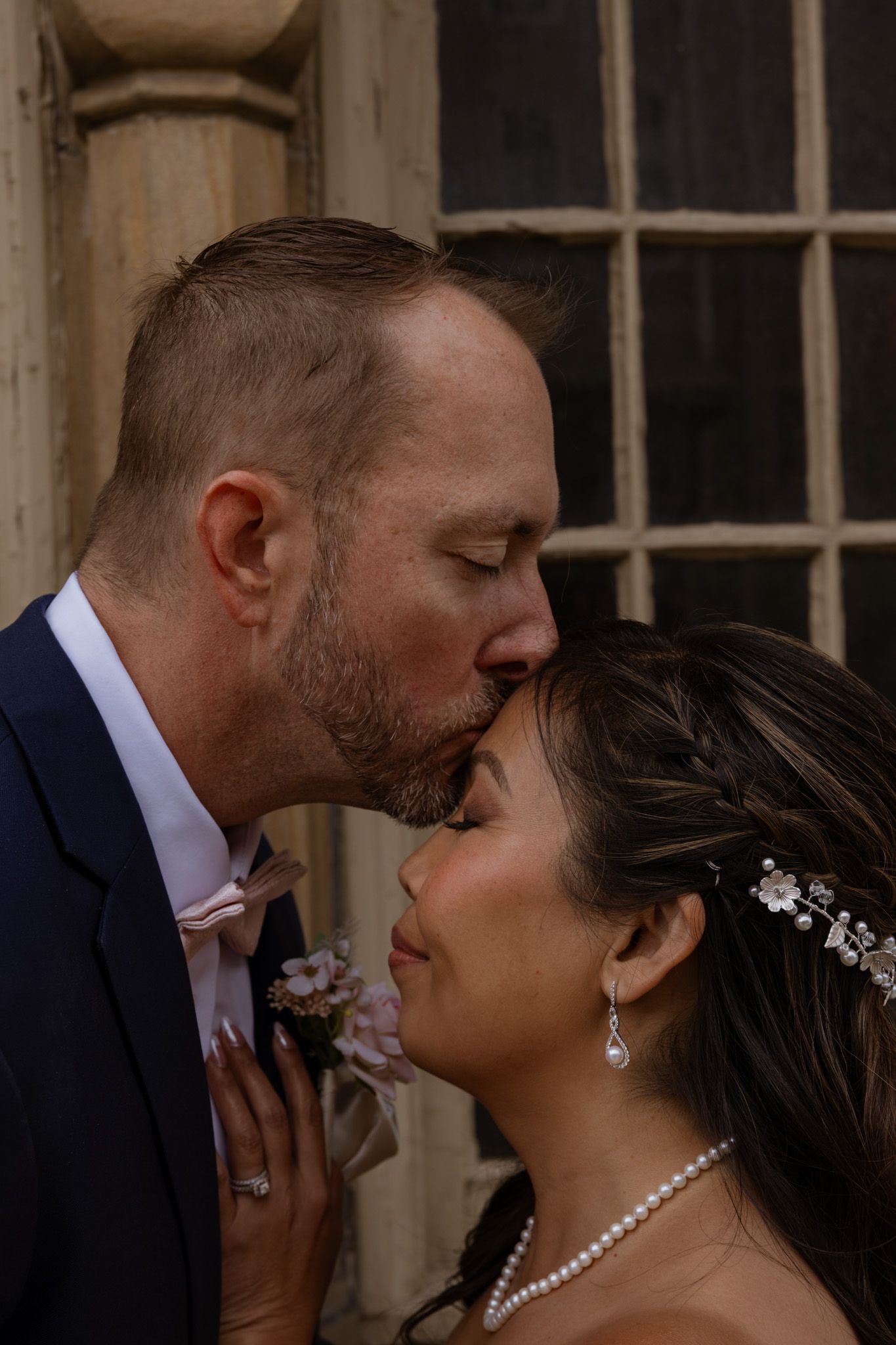 An intimate wedding portrait sequence showing a couple in formal attire.