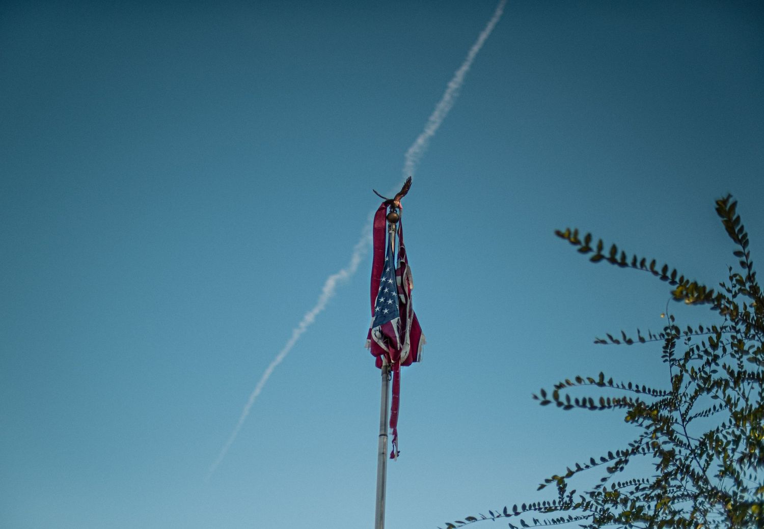 American flag waving against blue sky with contrail streaking overhead.