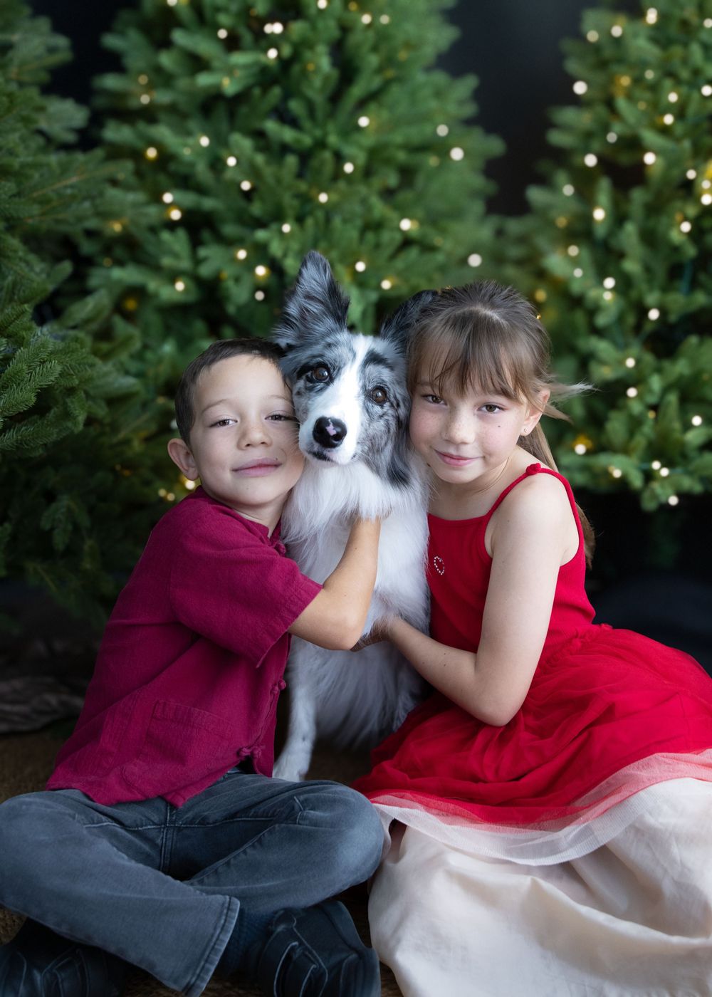Best Hong Kong family photographer Christmas photo shoot portrait two siblings and their dog in front of Christmas trees with bokeh lights