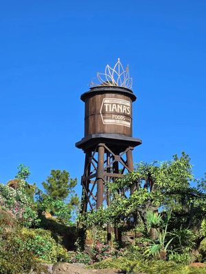 A wooden water tower with a crown-like structure on top stands against a bright blue sky surrounded by green foliage.