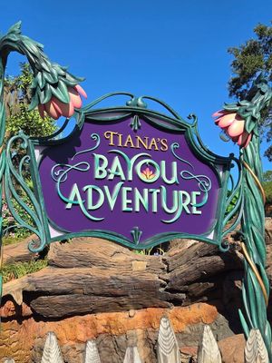 A colorful Disney Parks sign for 'Tiana's Bayou Adventure' mounted on rustic wooden logs with decorative floral elements.