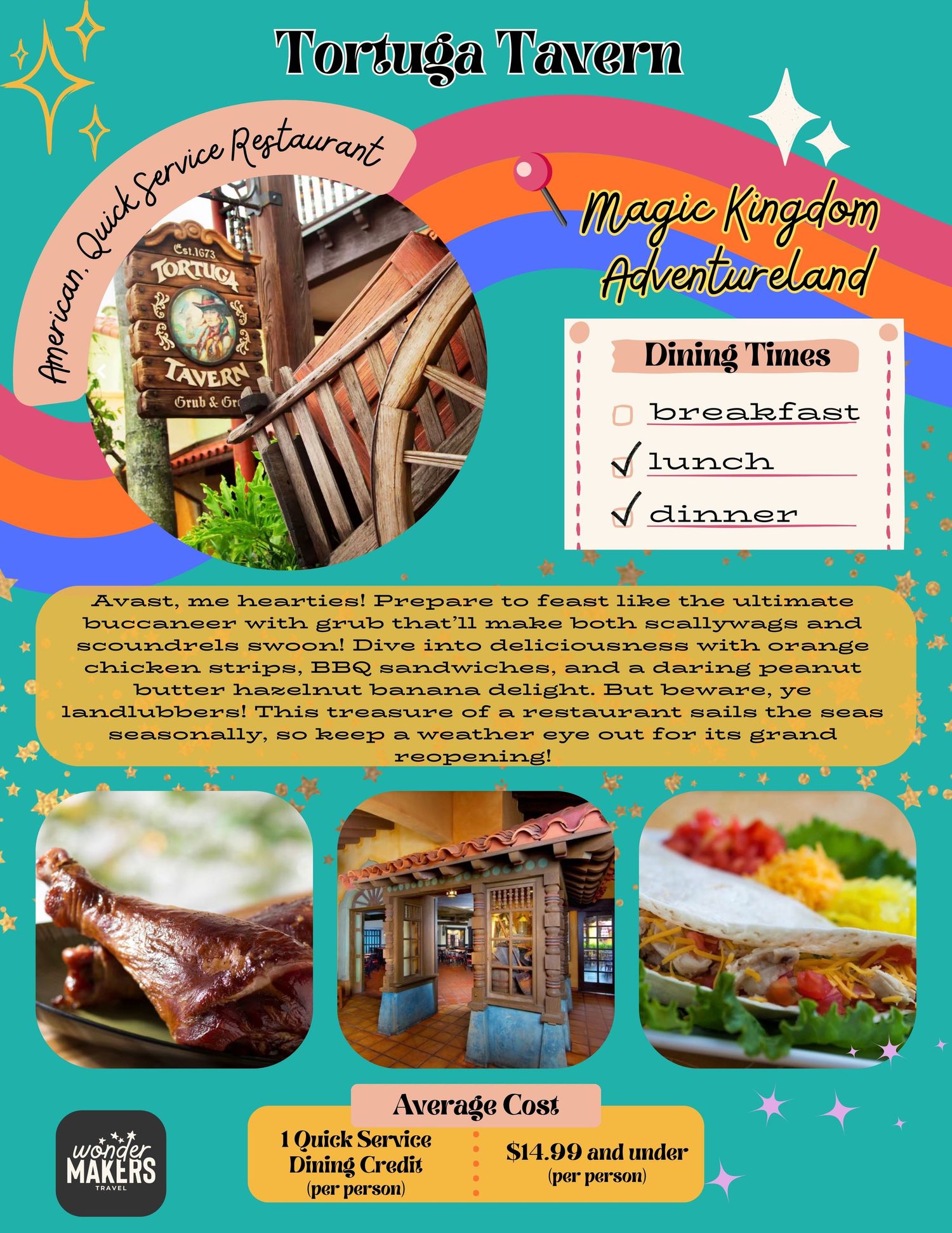 Restaurant menu board showing dining times, prices and food options at Tortuga Tavern with colorful graphics and text.