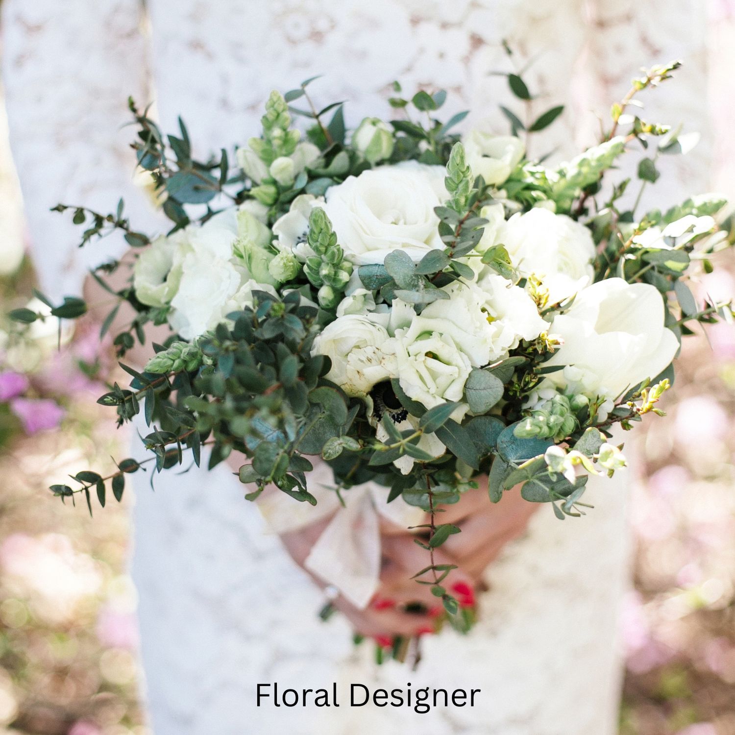 Elegant white rose and eucalyptus wedding bouquet with mixed greenery and delicate foliage against a soft blurred backdrop.