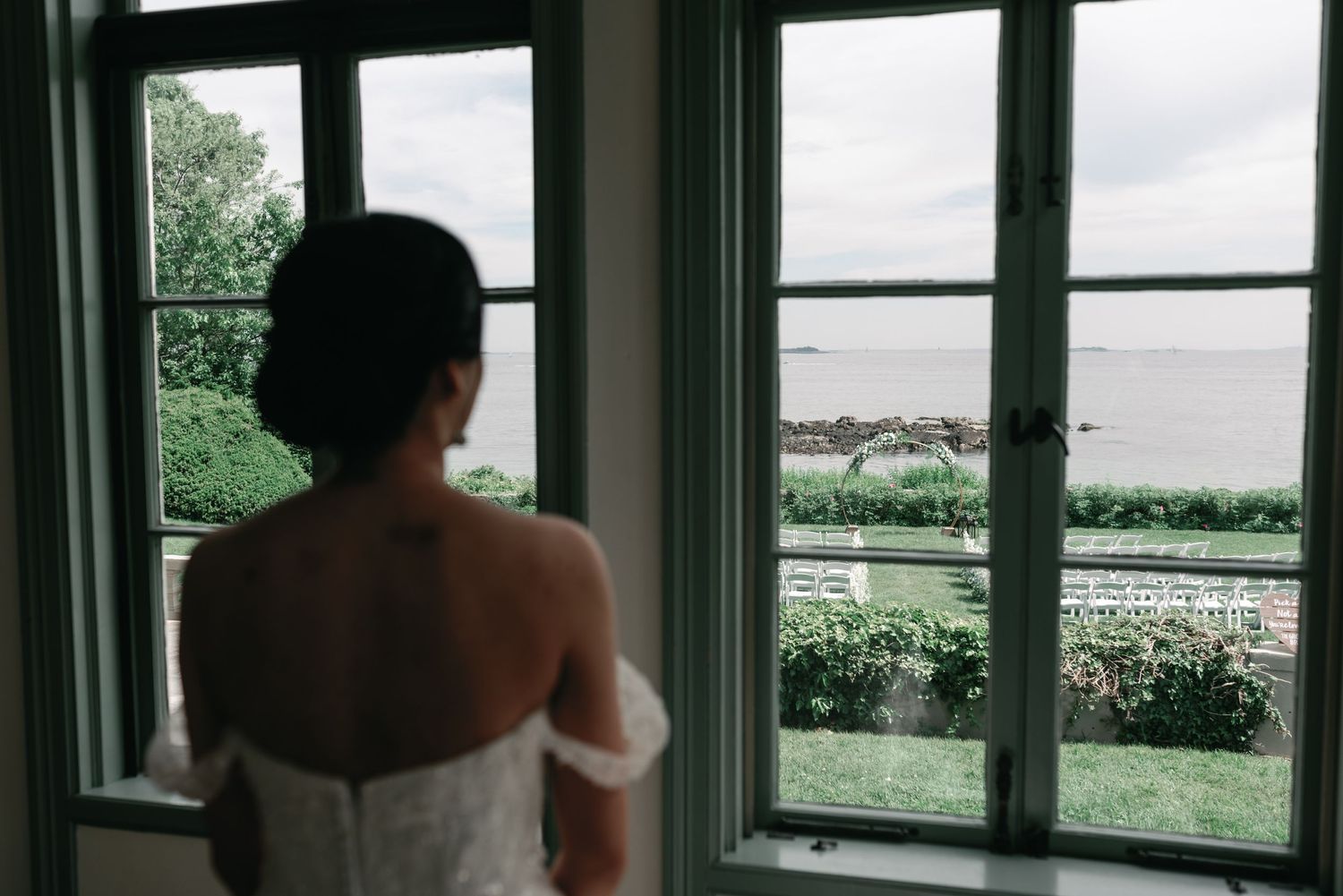 A back view silhouette looking through windows at a scenic landscape.