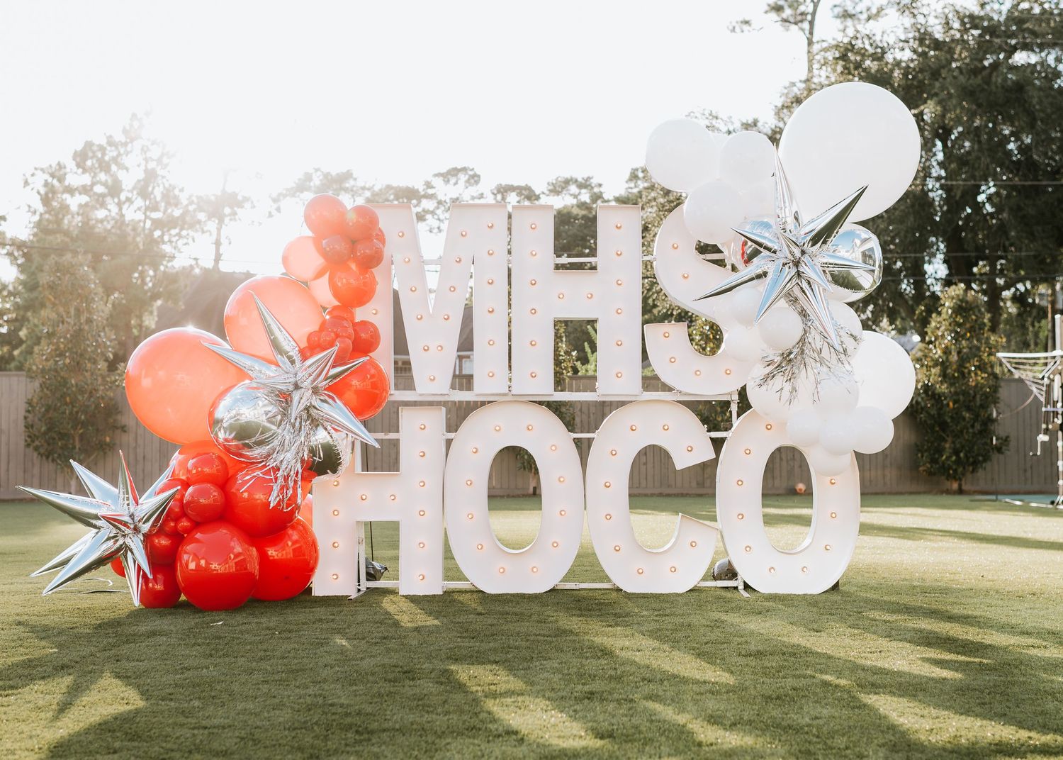 Elegant outdoor setup for Memorial High School Homecoming event in Houston Texas