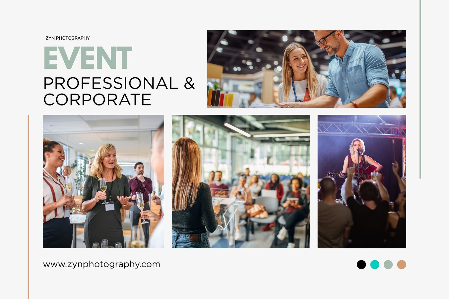 Professional event photography collage showing corporate meetings, presentations and stage performances.