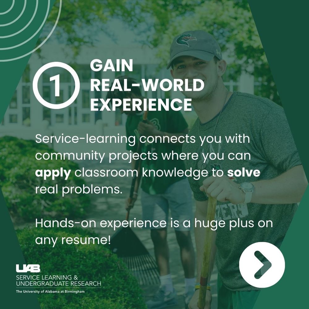 UAB Service Learning and Undergraduate Research, Five Ways Service Learning Can Boost Your Resume post, slide one.