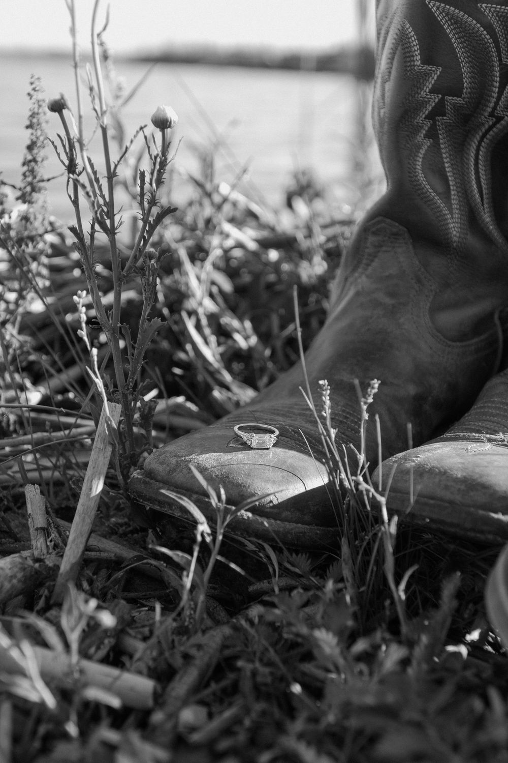 A pair of worn leather boots stands among wild grass and small flowers in a black and white photograph.