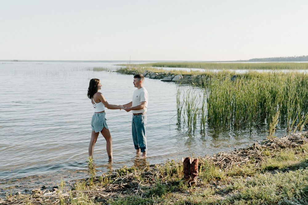 A collection of serene beach and lakeside scenes showing people enjoying nature along the water's edge.