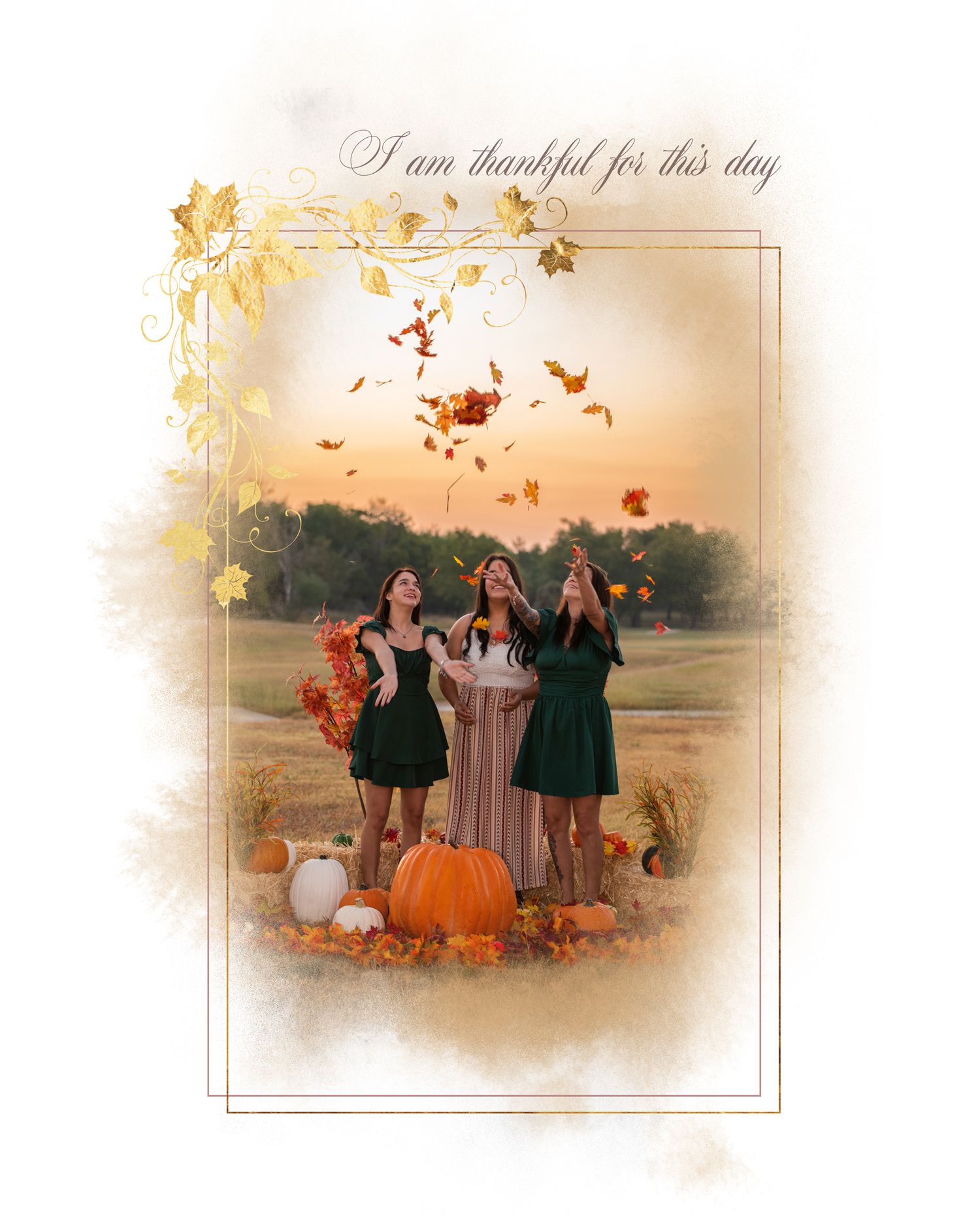 A group in autumn outfits poses together in a pumpkin patch during golden hour with fall decorations around them.