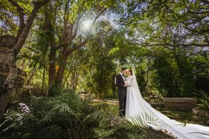 Wedding couple embraces in a lush garden setting with sunlight filtering through green trees and foliage.