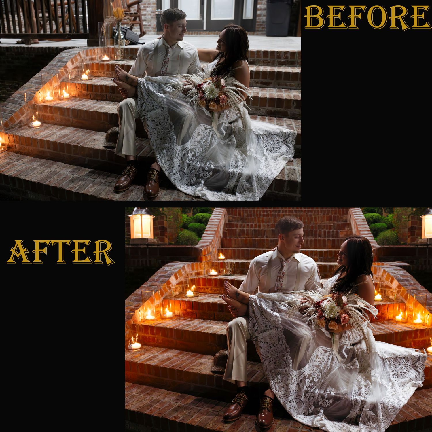 Wedding Images with glowing candles and white fabric create a beautiful atmosphere on outdoor steps. Before & After edit comparison.