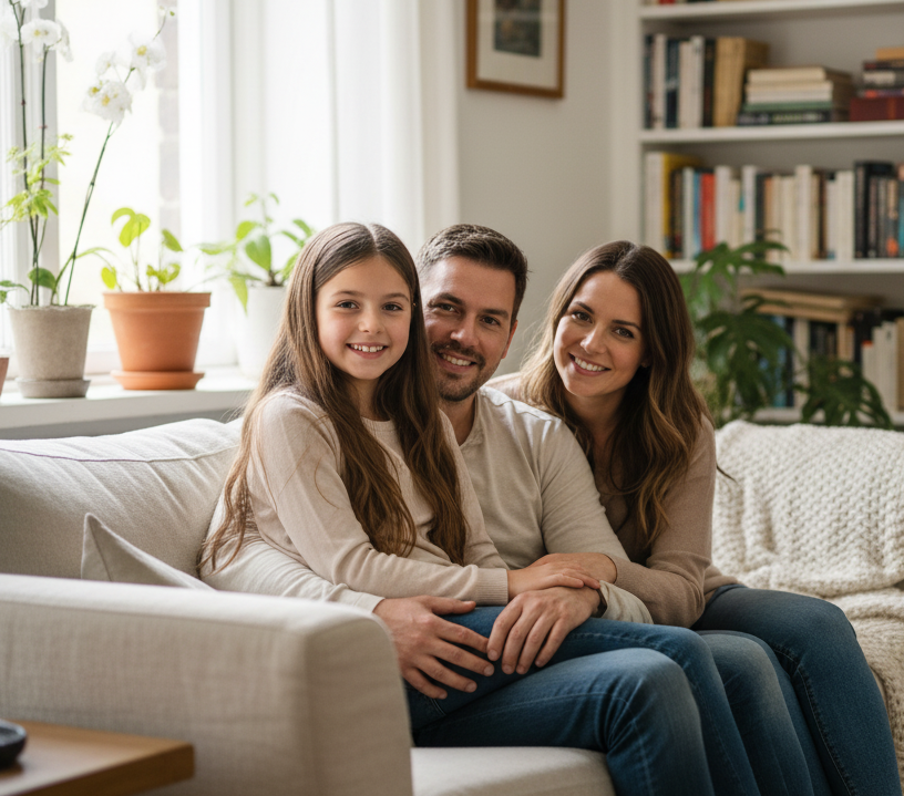 Una alegre familia de tres miembros sonríe cálidamente mientras se relaja junta en un cómodo sofá en una sala de estar luminosa y moderna.
