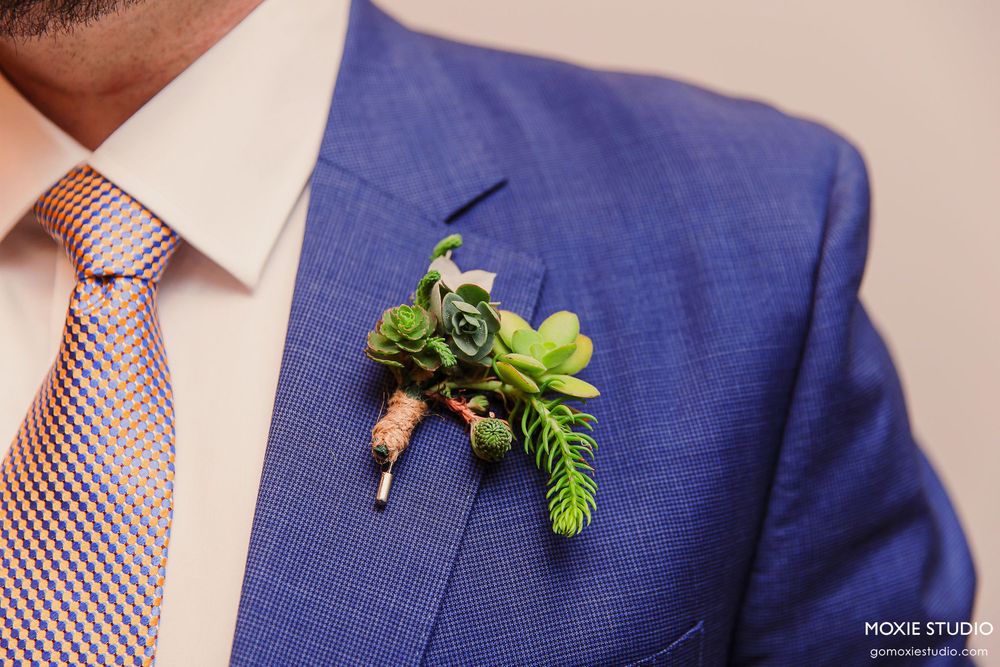 A green succulent boutonniere with delicate leaves pinned to a navy blue suit lapel with a checkered tie.