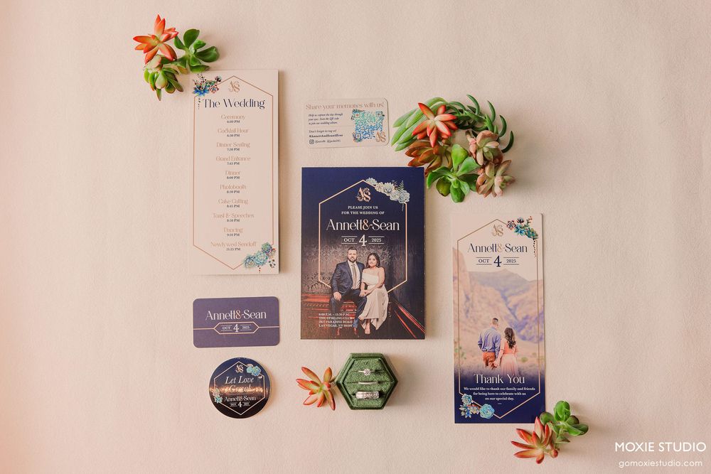 A flatlay of books and potted plants arranged on a white surface with navy blue book covers visible.