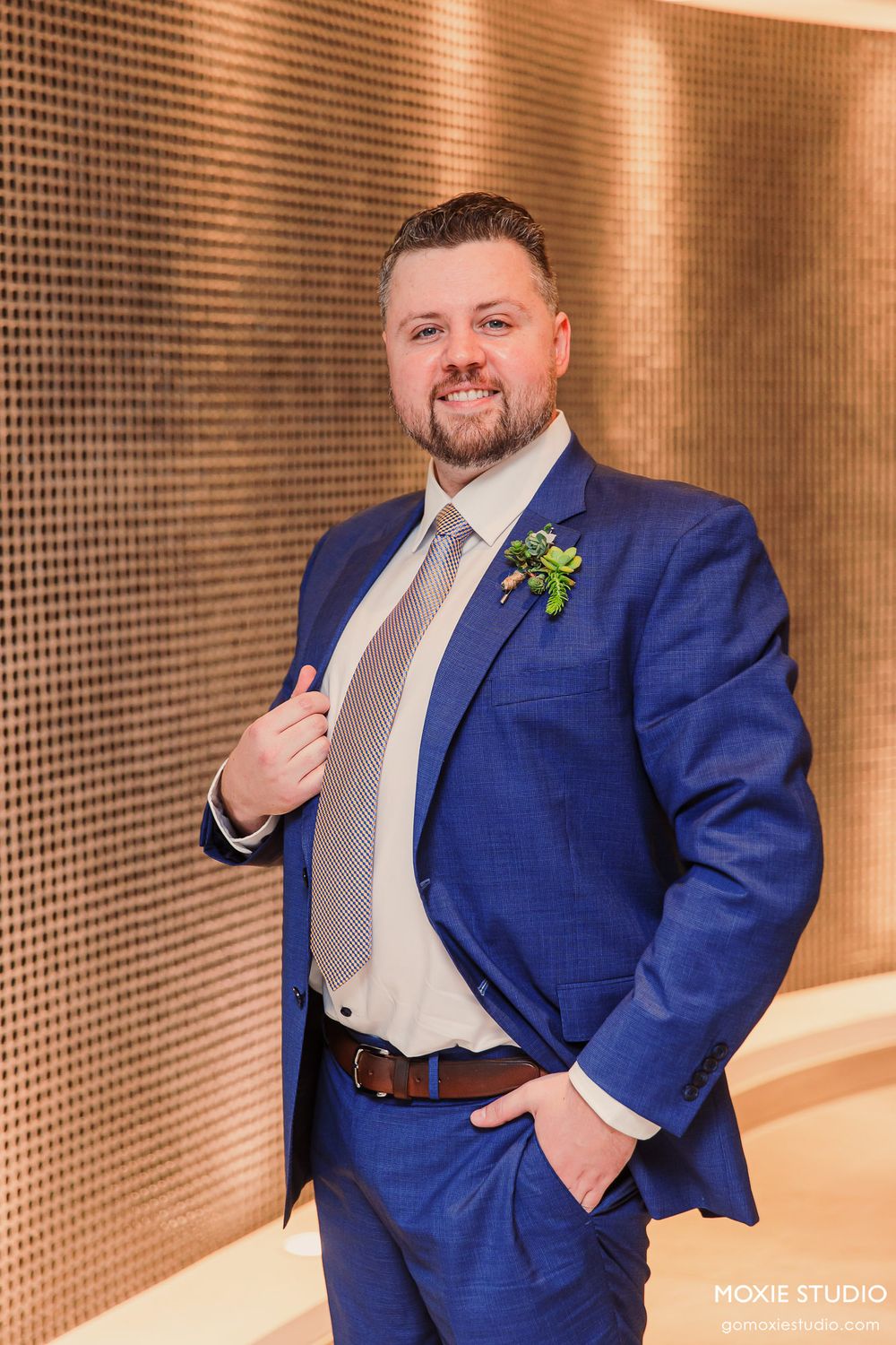 Wedding photography sequence featuring a groom in formal attire posing against a textured wall.