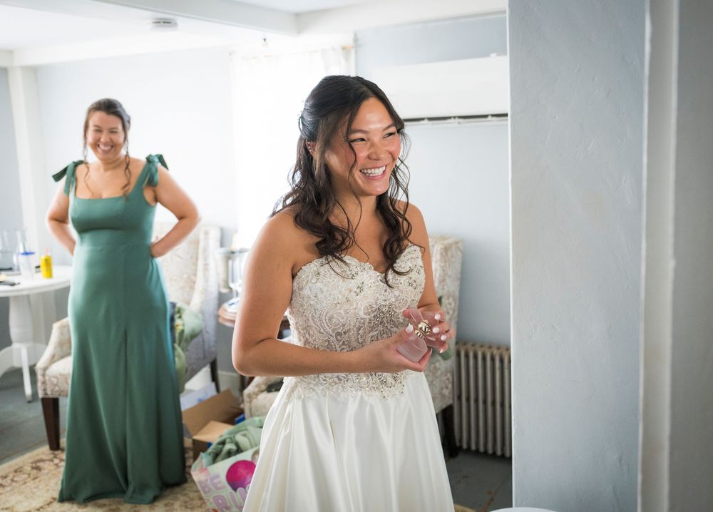 Wedding preparation sequence showing a bride in a white dress with bridesmaids in sage green dresses.
